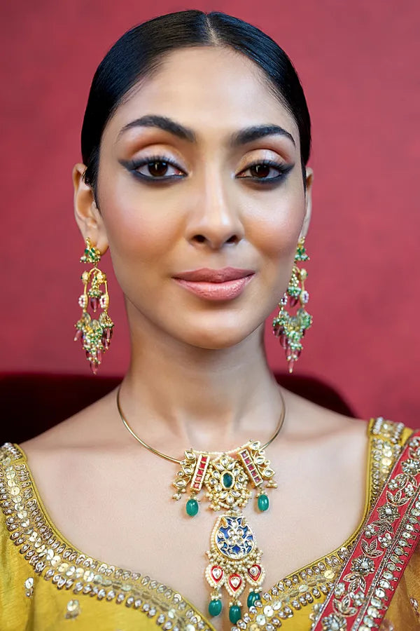 Blue Meenakari Red Kundan Green Drops Hasli