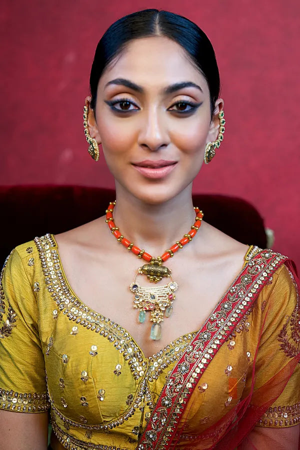 Red Kundan Flower Coral Beads Necklace With Mint Green Drops