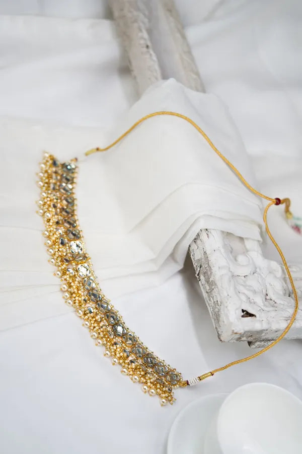 Statement Gold & White Kundan Pearl Drop Necklace