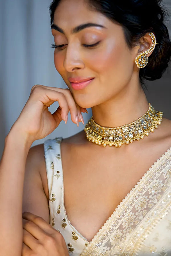 Gold & White Flower Kundan Earcuffs
