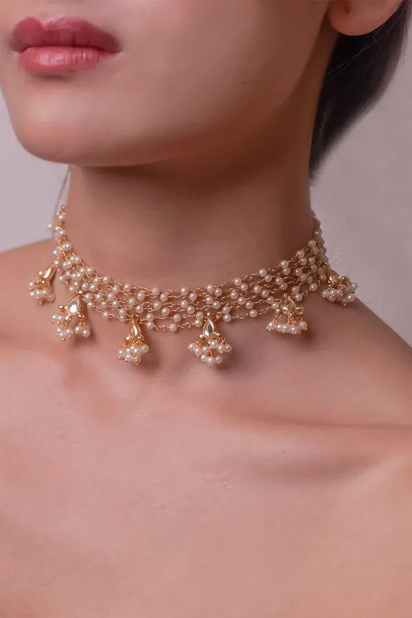Gold & White Pearls Biya Kundan Necklace