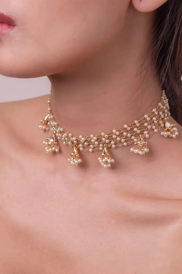 Gold & White Pearls Biya Kundan Necklace