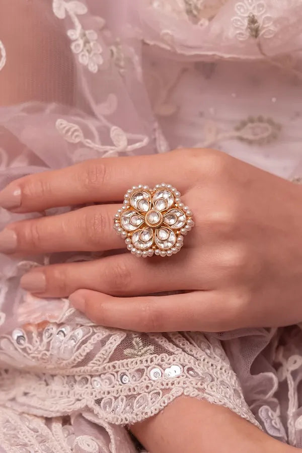Gold & White Kundan Flower Pearls Ring