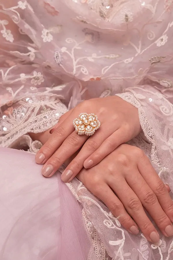 Gold & White Kundan Flower Pearls Ring
