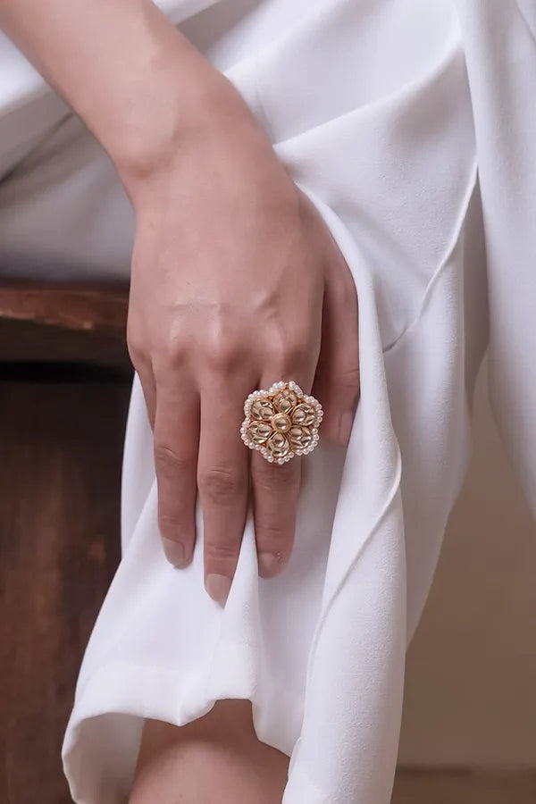 Gold & White Kundan Flower Pearls Ring