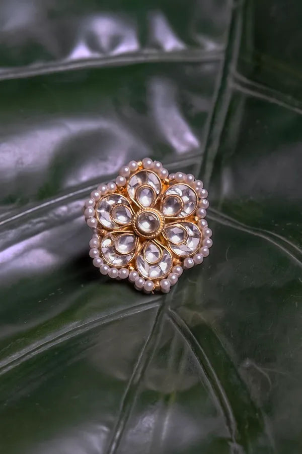 Gold & White Kundan Flower Pearls Ring