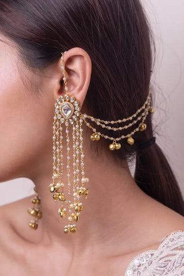 Gold Finish Kundan Gold Bead Dangler Earrings With Attached Kaan Saharas