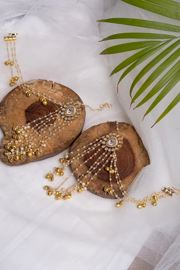 Gold Finish Kundan Gold Bead Dangler Earrings With Attached Kaan Saharas