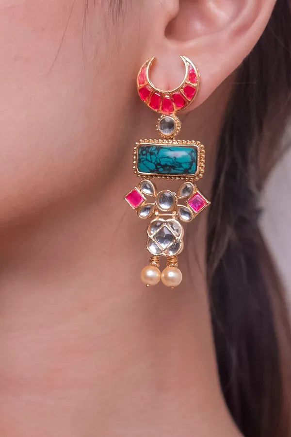 Pink Crescent Turquoise Center Pearl Drops Earrings