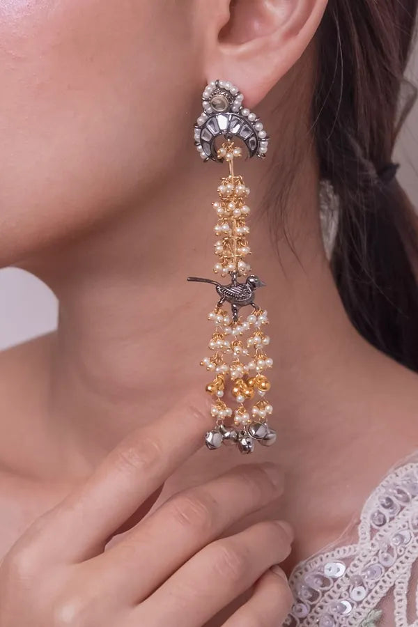 Dual Finish Gold & Silver Drop Dangler Earrings