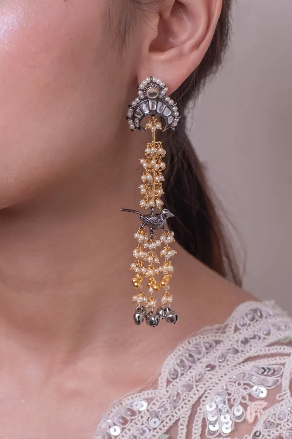 Dual Finish Gold & Silver Drop Dangler Earrings