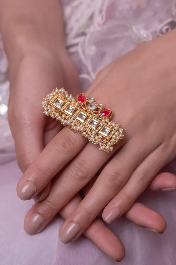 Gold & White Pink Petal Pearls Ring