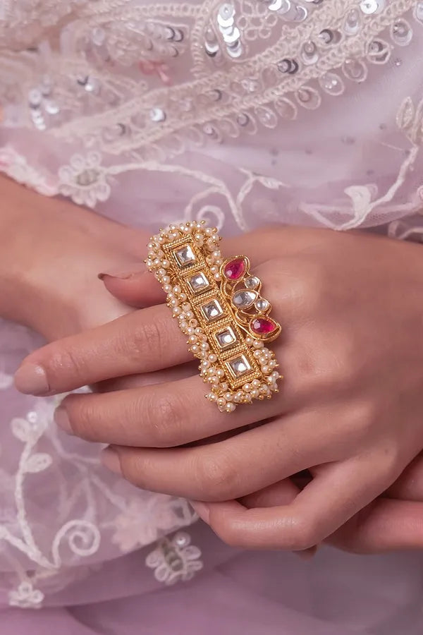 Gold & White Pink Petal Pearls Ring
