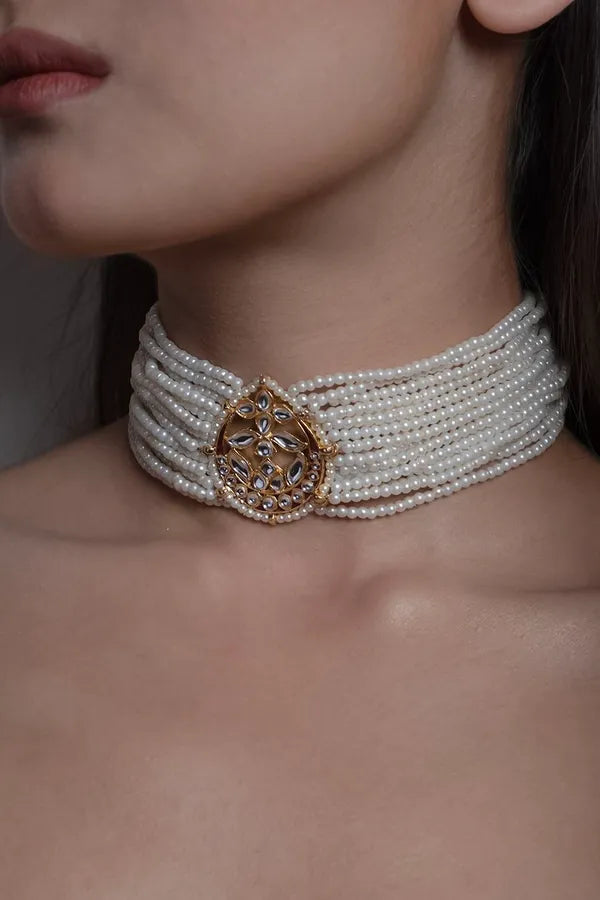 Kundan Center Gold & White Pearls Choker Necklace