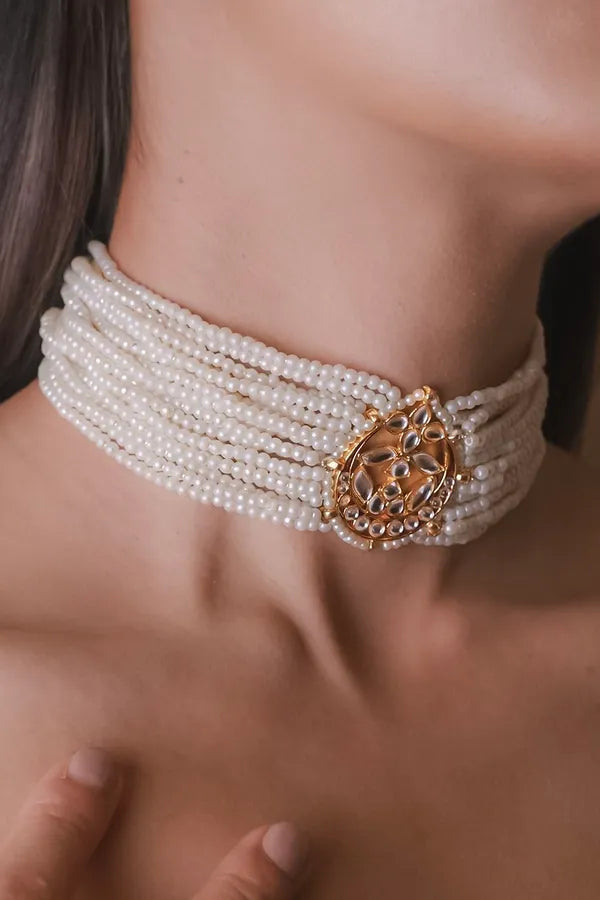 Kundan Center Gold & White Pearls Choker Necklace