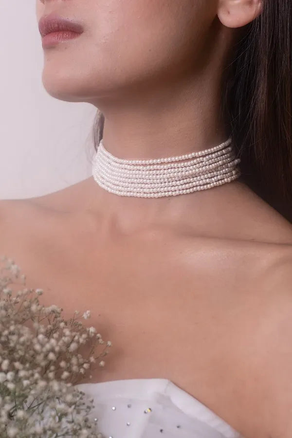 Multi String White Pearl Minimal Choker Necklace