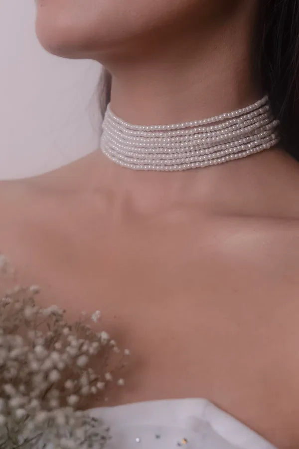 Multi String White Pearl Minimal Choker Necklace