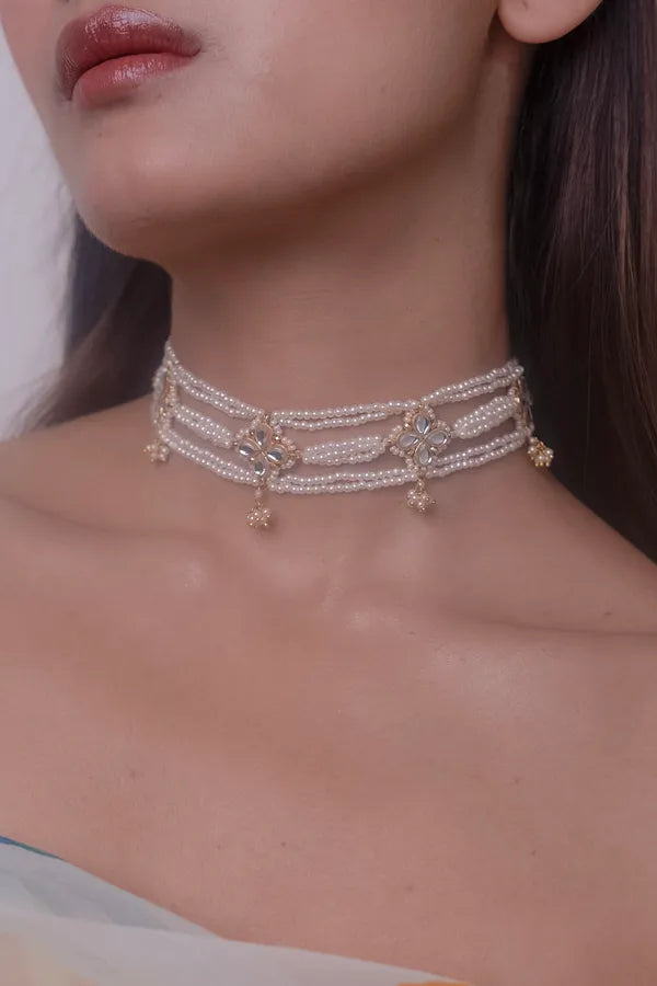 Gold Finish Multi String Kundan White Pearl Choker Necklace