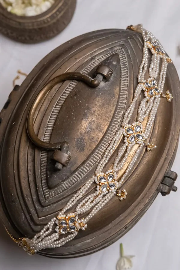 Gold Finish Multi String Kundan White Pearl Choker Necklace