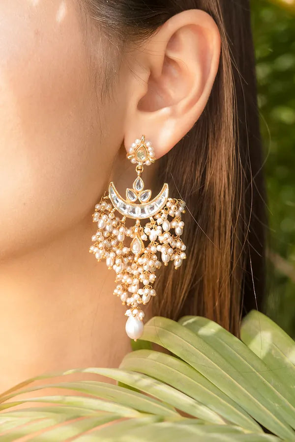 Gold and White Chand Biya Pearl Drop Kundan Dangler Earrings