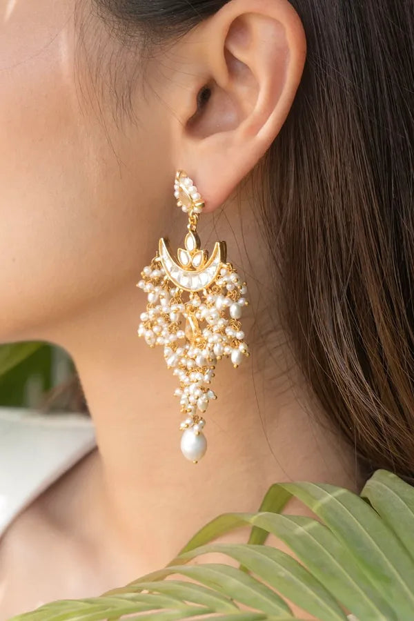 Gold and White Chand Biya Pearl Drop Kundan Dangler Earrings