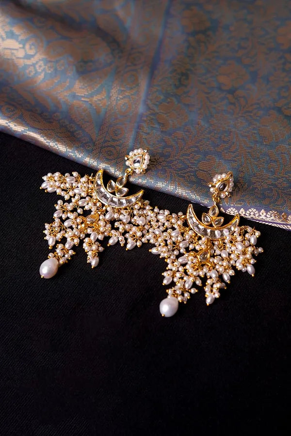 Gold and White Chand Biya Pearl Drop Kundan Dangler Earrings