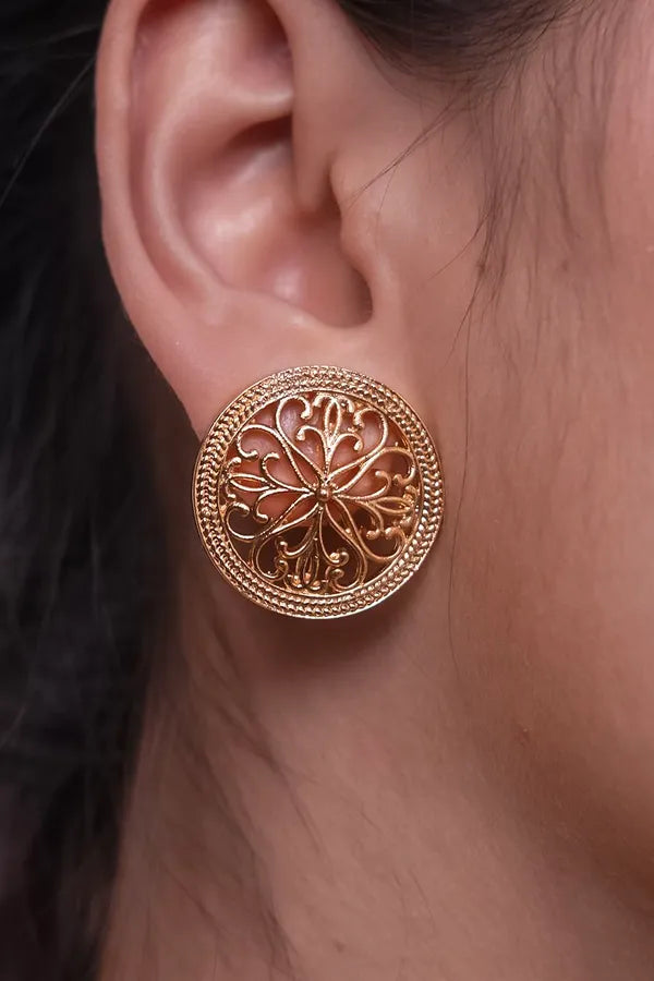 Gold Finish Round Filigree Stud Earrings