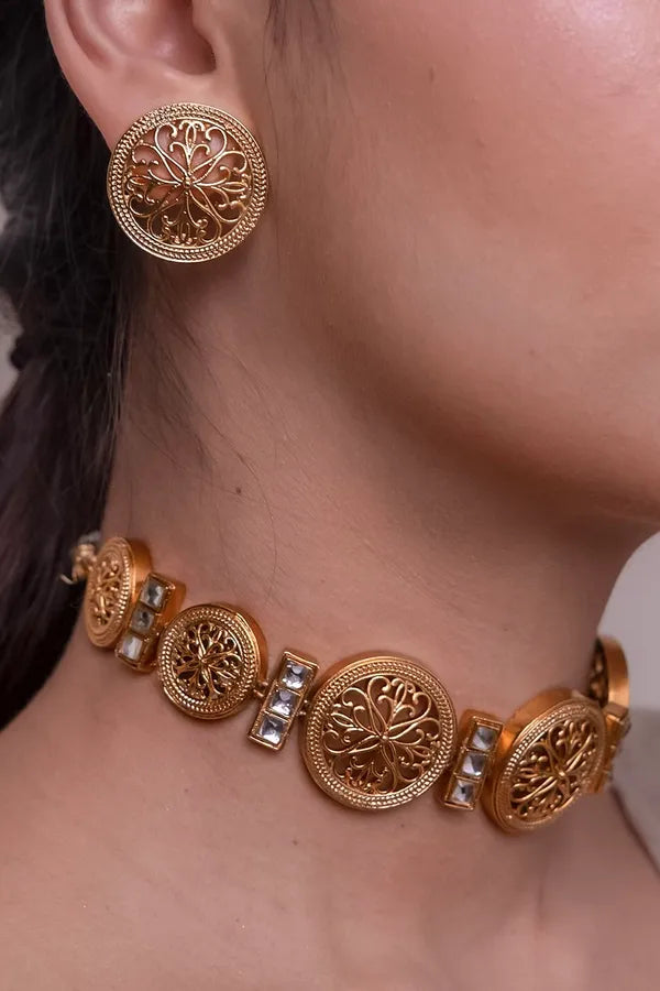 Gold Finish Round Filigree Stud Earrings