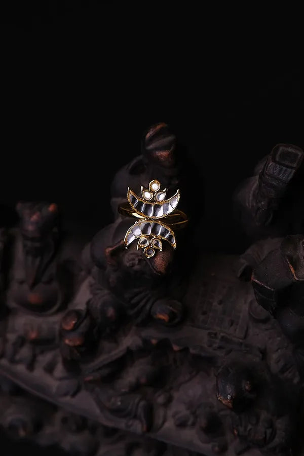 Gold & White Kundan Chand Ring