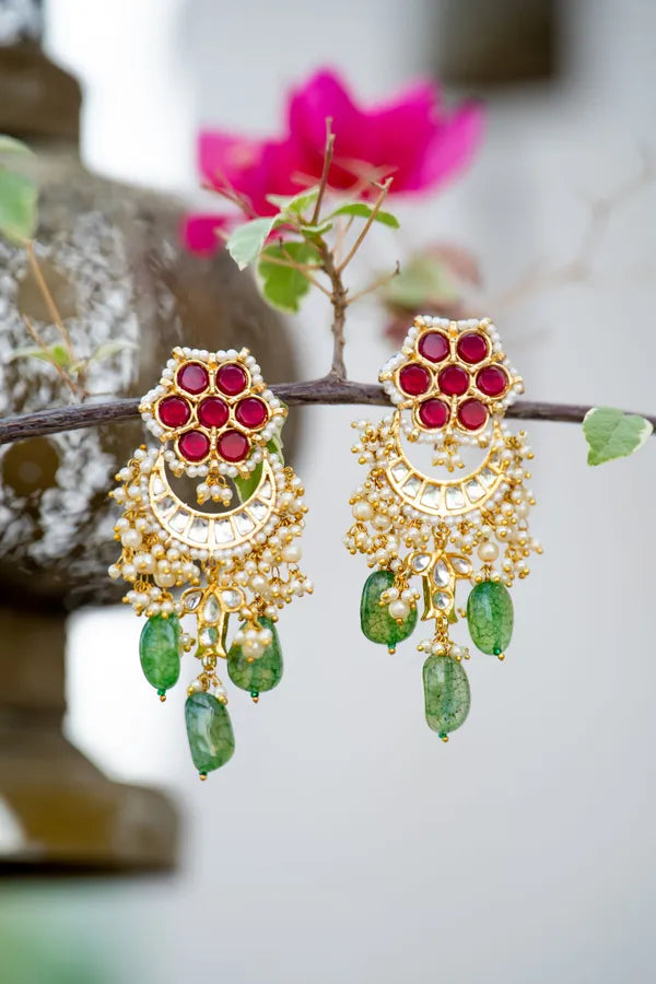 Maroon Flower Green Drops Fish Motif Chandbali Earrings