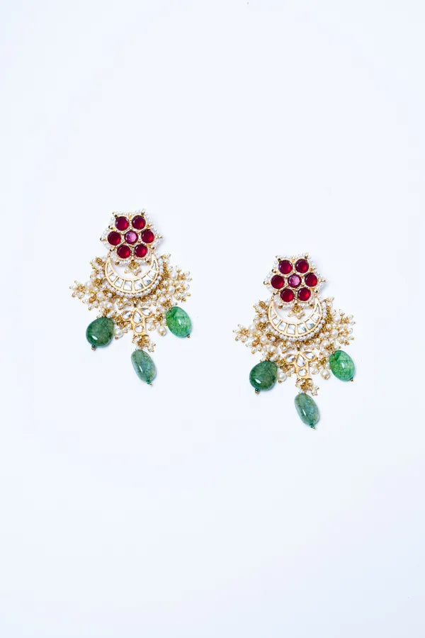 Maroon Flower Green Drops Fish Motif Chandbali Earrings