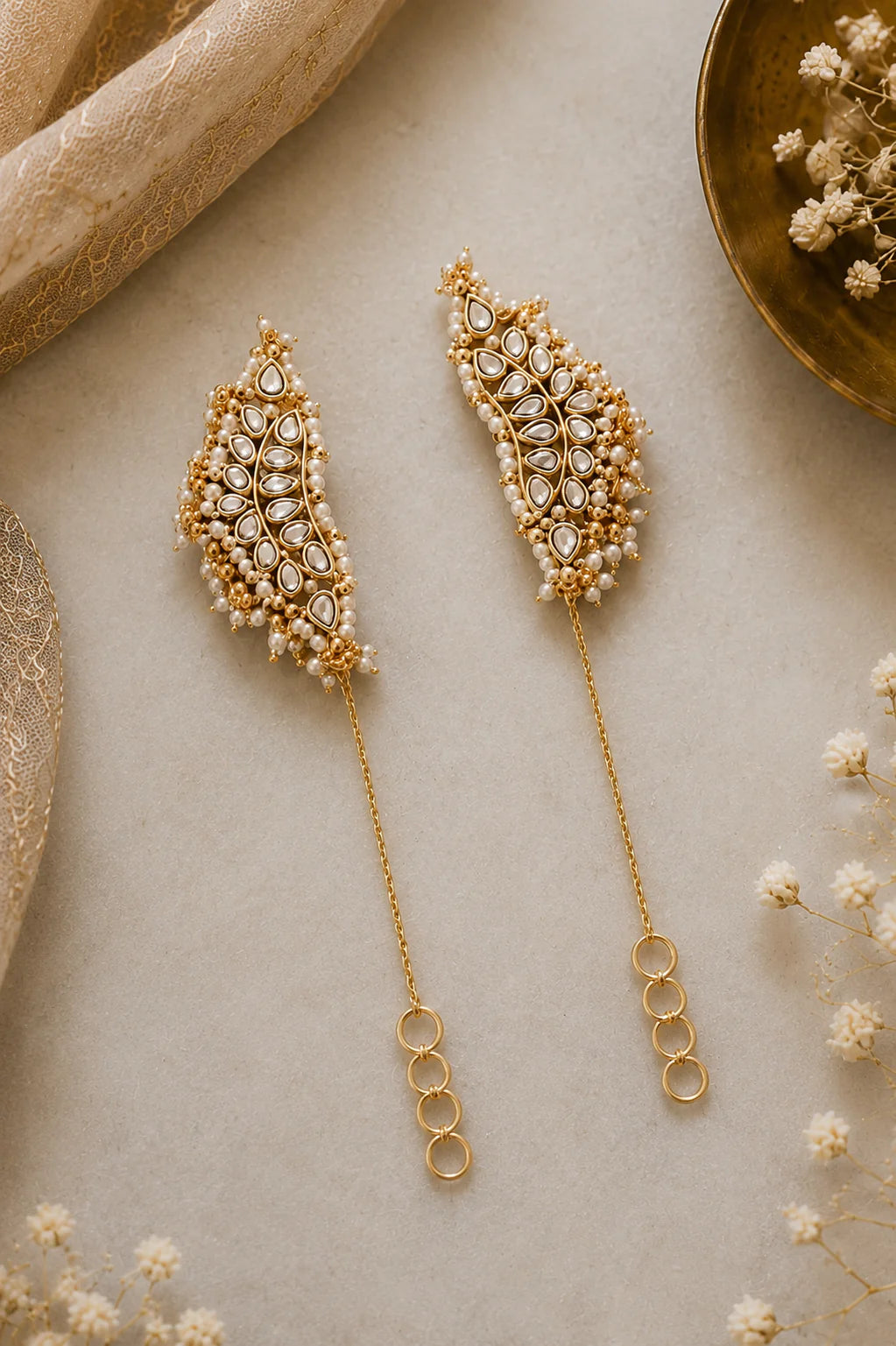 Gold Finish Pearl Kundan Earcuffs