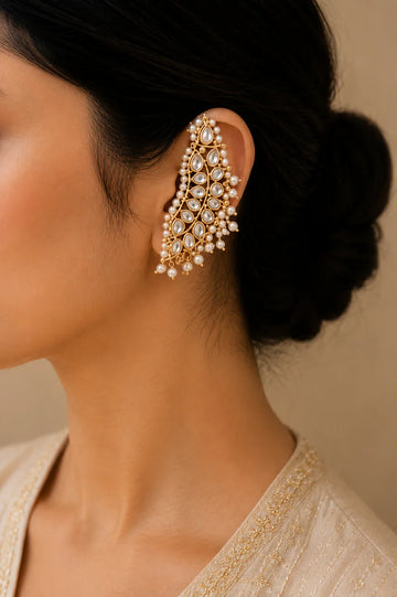 Gold Finish Pearl Kundan Earcuffs