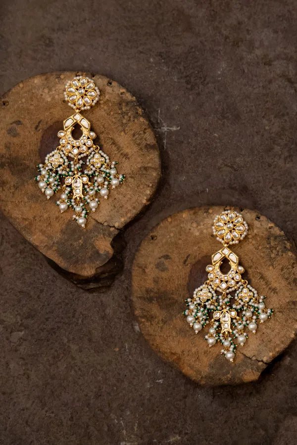 Gold & White Fish Motif Green & White Pearls Earrings