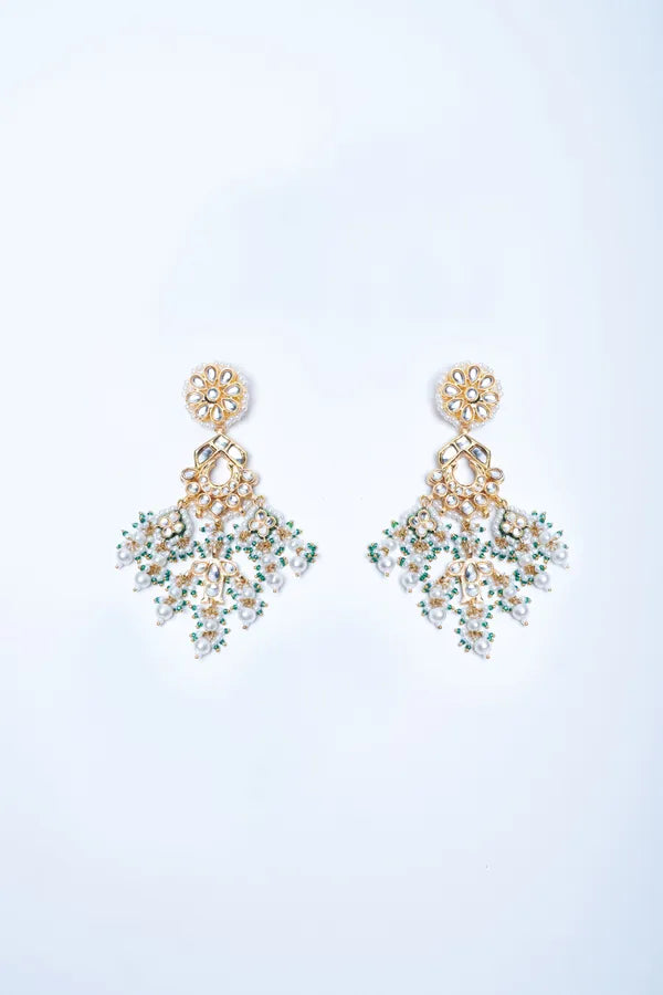 Gold & White Fish Motif Green & White Pearls Earrings