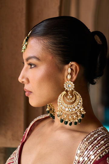 Statement Kundan Gold & Green Drops Chandbali