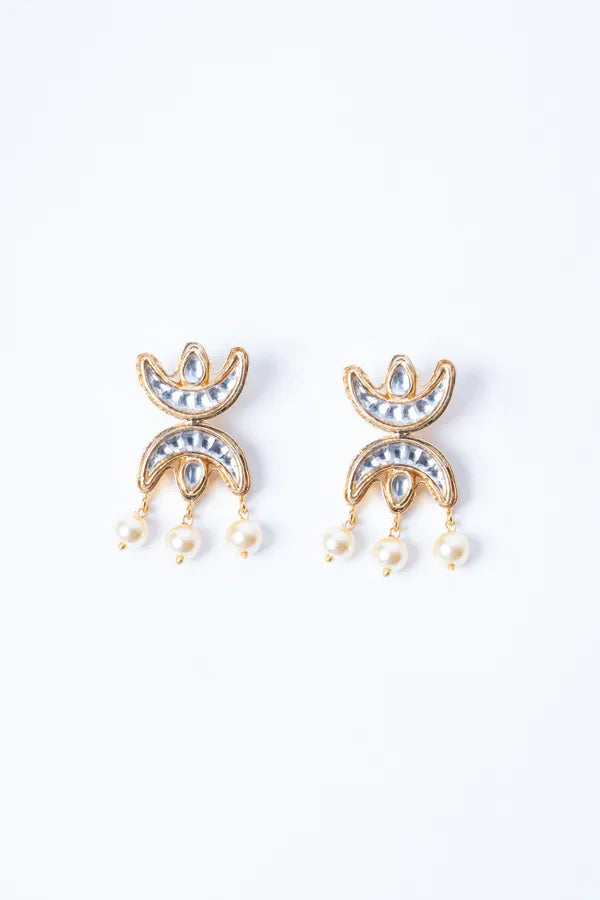 Gold & White Kundan Chand Dangler Earrings