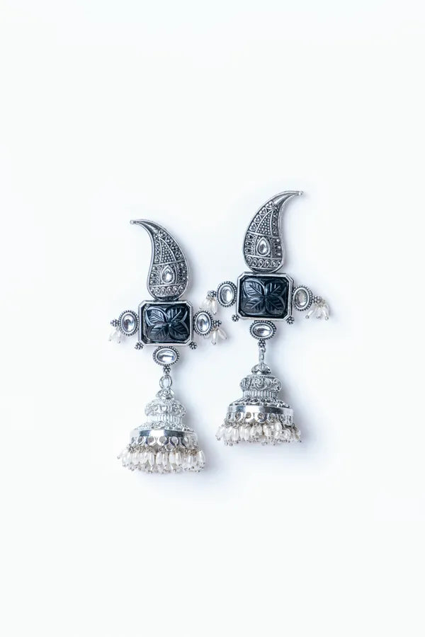 Carved Green Center Silver Finish Jhumki Earrings