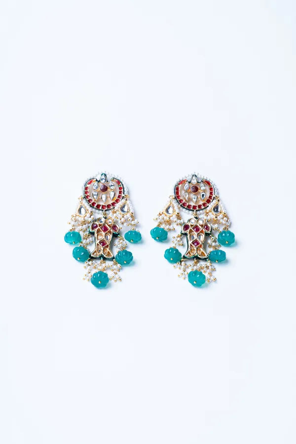 Pink Crescent Red Kundan Fish Green Drops Dangler Earrings