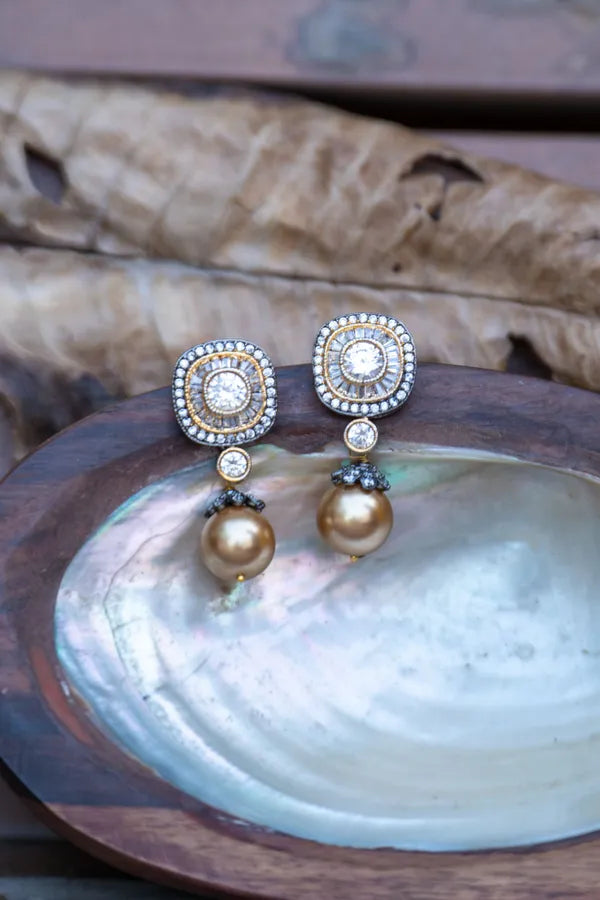 Dual Tone Zirconia Golden Pearls Dangler Earrings