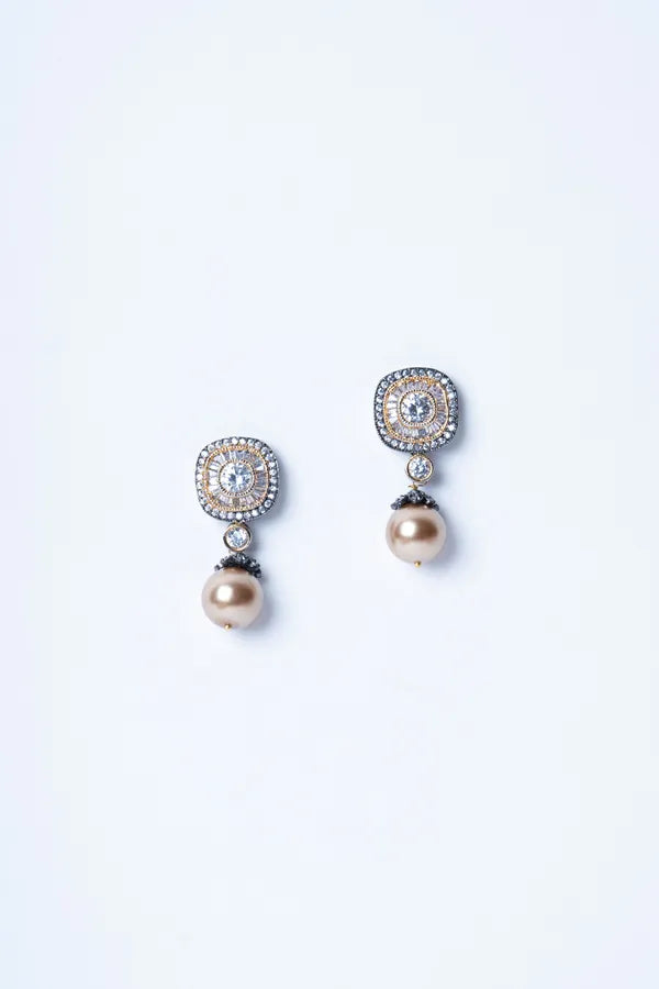 Dual Tone Zirconia Golden Pearls Dangler Earrings