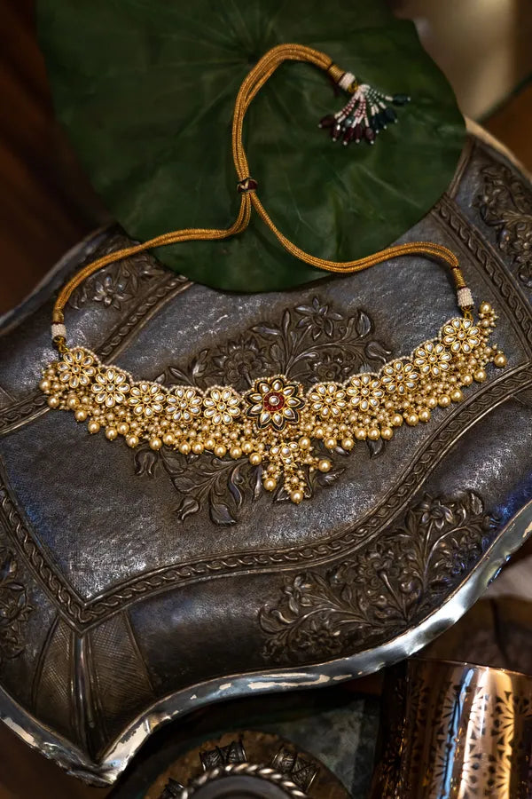 Black Kundan Green Meena Golden Flower Necklace