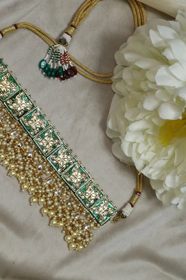 Lotus Tile Green Meenakari Kundan Choker