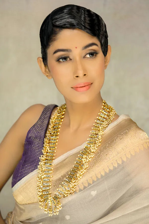 Gold & White Kundan Bridal Long Necklace