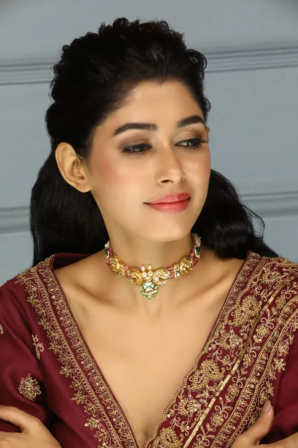 Gold Green Meena Kundan With Tourmaline Drops Choker Necklace