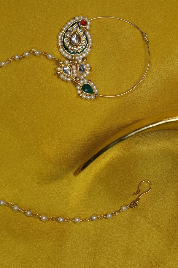 Red & Green Kundan Paisley Nath