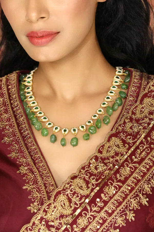 Gold & White Green Kundan Green Drops Necklace