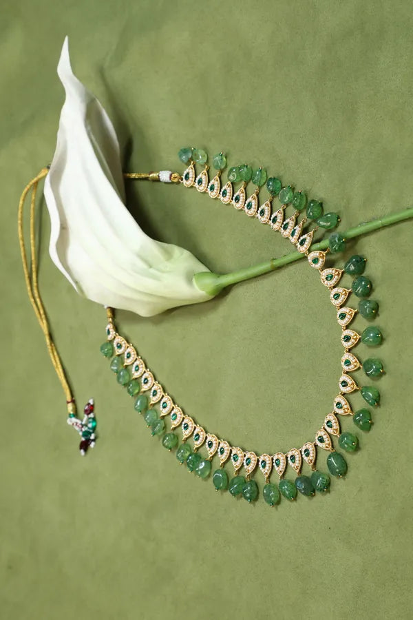 Gold & White Green Kundan Green Drops Necklace