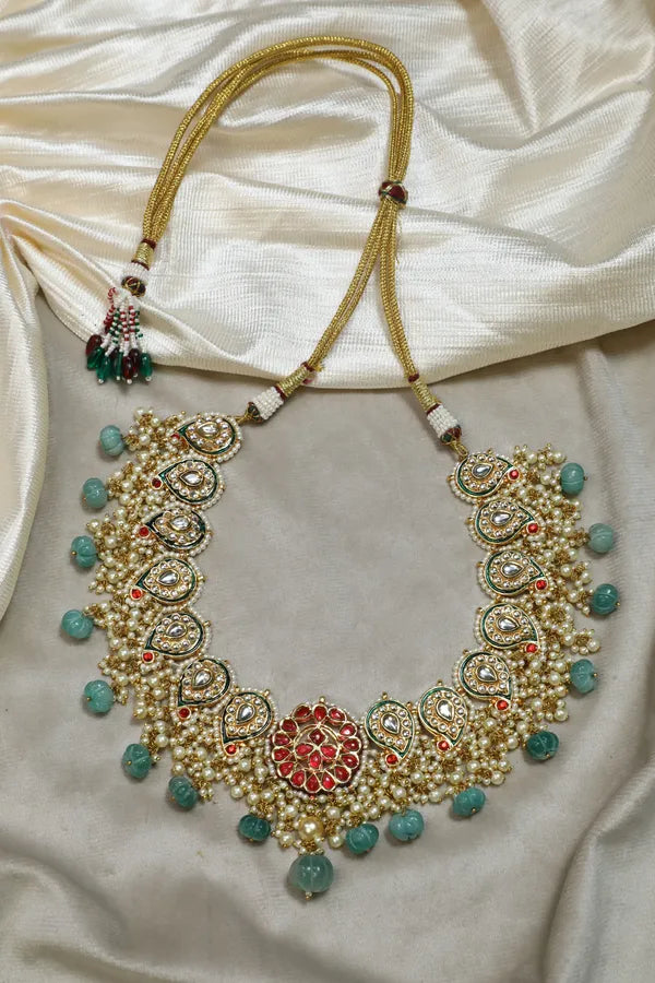 Red Kundan Pearls & Green Drops Choker Necklace