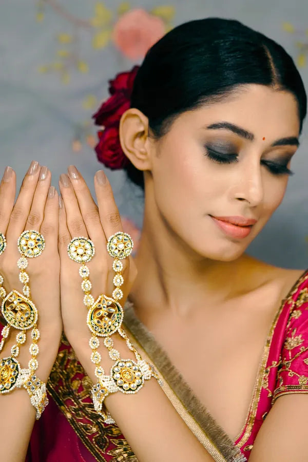 Gold & Green Meenakari Kundan Dual Finger Haathphool